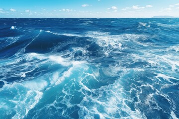 Wall Mural - Sea water and blue sky with clouds. Sea waves. Nature background, Atlantic ocean with blue water on a sunny day. Waves, foam and wake caused by cruise ship in the sea, AI Generated