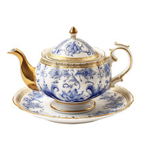Decorative Colorful Porcelain Teapot And Teacup, Vintage Teacup Set Isolated On Transparent Background, Png File, Antique,
