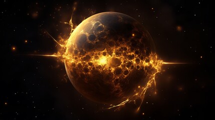 Wall Mural - golden planet 3d render on dark background with bokeh, space concept