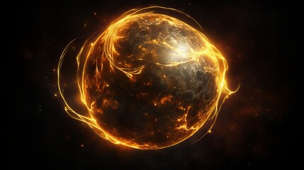 Wall Mural - golden planet 3d render on dark background with bokeh, space concept