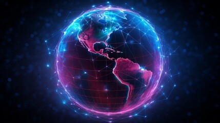 Poster - technological progress: globe with neon nexus lines, grid, and nodes - world wide web concept 
