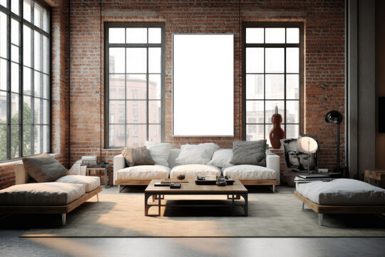 Loft-style living room interior with empty paintings, space for text
