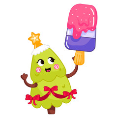 Wall Mural - Cute Christmas tree character ieating ice cream in cartoon style