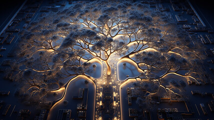 Poster - background concept is artificial intelligence, a symbol of nature and growth, a tree of life and a brain integrated and combined with a computer chip, fictional graphics