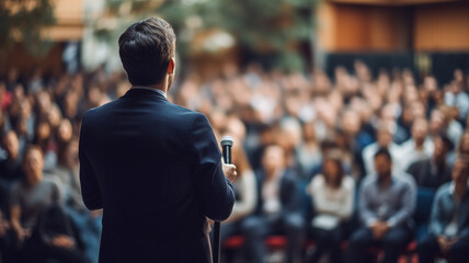 speaker in front of the audience back view, debate, male lecturer speaking in front of a hall of people, the concept of public speaking abstract fictional