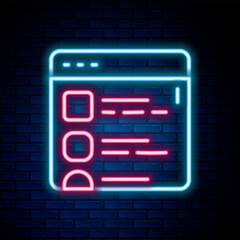 Poster - Glowing neon line Browser files icon isolated on brick wall background. Colorful outline concept. Vector