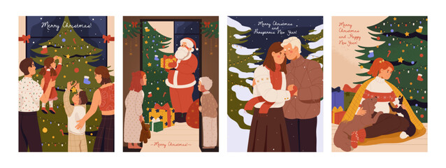 Wall Mural - New year postcard. Family decorate christmas tree. Santa Claus leave presents under fir for kids. Girl with pets near xmas firtree with lights. Couple hug in newyear holidays. Flat vector illustration