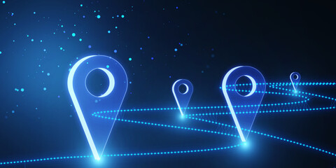 Sticker - Creative glowing blue digital geolocation backdrop. 3D Rendering.