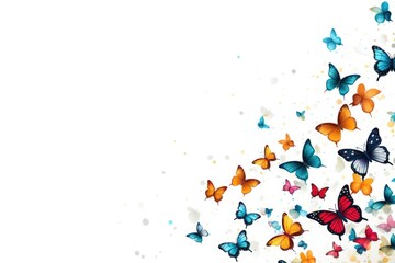 butterfly background with space for your text.  Different kinds of butterflies flying on a white background, AI Generated