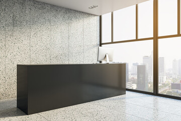 Poster - New concrete office interior with black reception desk and panoramic windows with city view. Lobby concept. 3D Rendering.