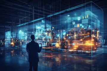 Poster - Businessman in modern office interior and glowing city hologram. Mixed media, Digitalization and Visualization of Industry 4.0 Process that Analyzes Goods, AI Generated