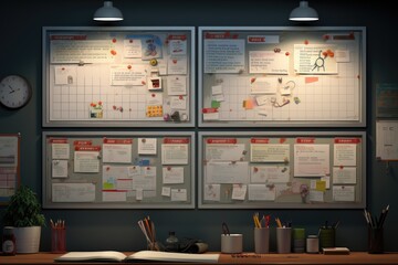 Poster - Illustration of a work space with office supplies and stationery, Discover an information hub with a bustling notice board, exchanging and displaying important notes and announcements, AI Generated