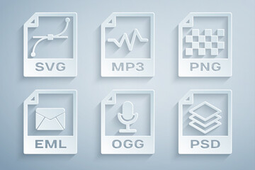 Sticker - Set OGG file document, PNG, EML, PSD, MP3 and SVG icon. Vector