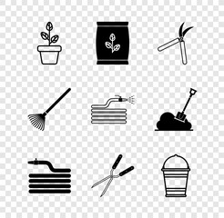 Wall Mural - set flowers in pot, fertilizer bag, gardening handmade scissor, hose fire hose, bucket, rake for lea