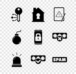 Sticker - Set Cryptocurrency key, House under protection, Tablet with exclamation mark, Motion sensor, Password, Spam, Bomb ready explode and Mobile closed padlock icon. Vector