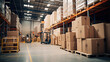 © tota - 物流倉庫、段ボールなどの荷物が積まれた倉庫内の風景