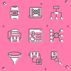 Poster - Set Artificial intelligence AI, Neural network, Algorithm, robot, Computer api interface, Funnel filter and icon. Vector