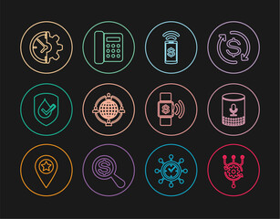 Poster - Set line Algorithm, Voice assistant, Contactless payment, Outsourcing concept, Waterproof, Clock and gear, and Telephone icon. Vector