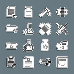 Sticker - Set line Network port cable socket, Health record folder, Crossed syringe, Test tube with drop of blood, Bioengineering, Paper page eye and bandage plaster icon. Vector