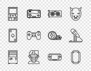 Poster - Set line Computer, Poker table, Video graphic card, Virtual reality glasses, Retro arcade game machine, Gamepad, Portable video console and Microphone icon. Vector