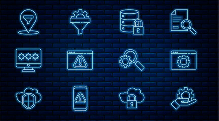 Poster - Set line Hand settings gear, Browser, Server security with lock, exclamation mark, Monitor password, Location sales funnel, Magnifying glass and Sales icon. Vector