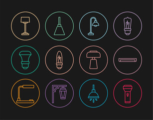 Sticker - Set line Flashlight, Fluorescent lamp, Floor, Light bulb, LED, Table and Chandelier icon. Vector