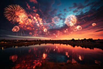 Wall Mural - Colorful fireworks burst over a calm countryside, Generative AI