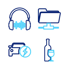 Poster - set line wine bottle with glass, electric car, ftp folder and headphone and sound waves icon. vector
