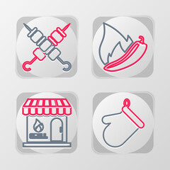 Wall Mural - Set line Oven glove, Barbecue shopping building, Hot chili pepper pod and Grilled shish kebab icon. Vector