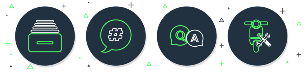 Poster - set line hashtag speech bubble, question and answer, drawer with documents and scooter service icon.