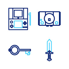 Poster - set line sword for game, ancient key, video console and portable video icon. vector