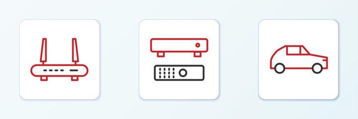 Poster - Set line Car, Router and wi-fi signal and Multimedia TV box icon. Vector