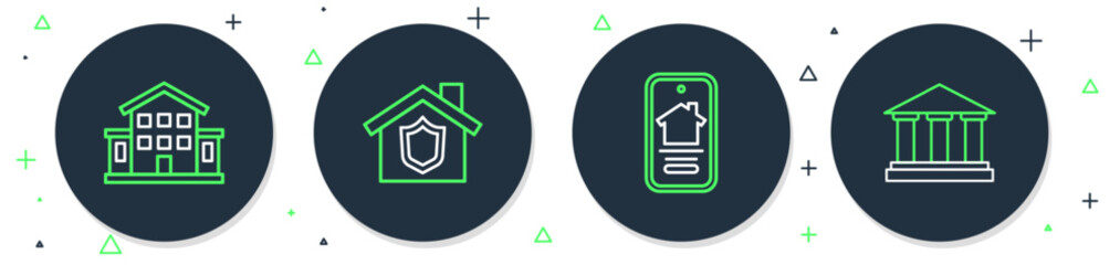 Sticker - Set line House with shield, Online real estate house, and Museum building icon. Vector