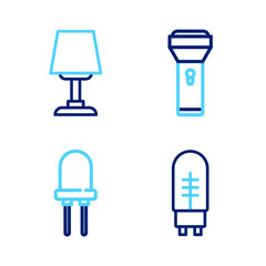 Poster - Set line Light emitting diode, Flashlight and Table lamp icon. Vector