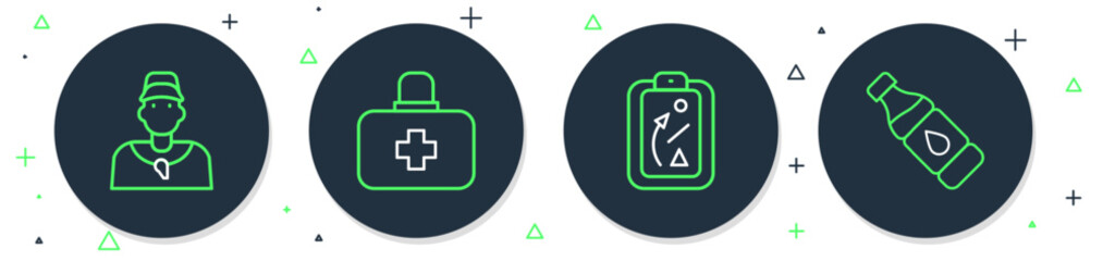 Sticker - Set line First aid kit, Planning strategy, Baseball coach and Bottle of water icon. Vector