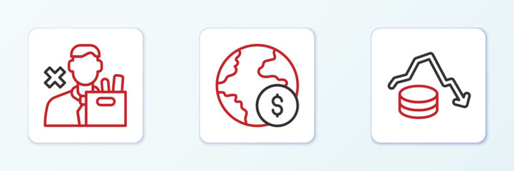 Sticker - Set line Dollar rate decrease, Employee dismissal and Global economic crisis icon. Vector