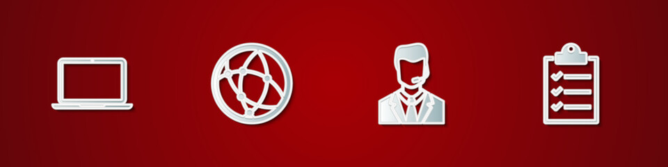 Poster - set laptop, social network, man with headset and clipboard checklist icon. vector