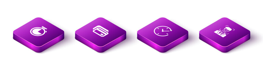 Poster - Set Isometric Stopwatch, Credit card, Clock with arrow and Face recognition icon. Vector