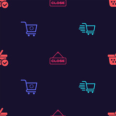 Sticker - Set Shopping cart, Refresh shopping, Hanging sign with Close and basket check mark on seamless pattern. Vector