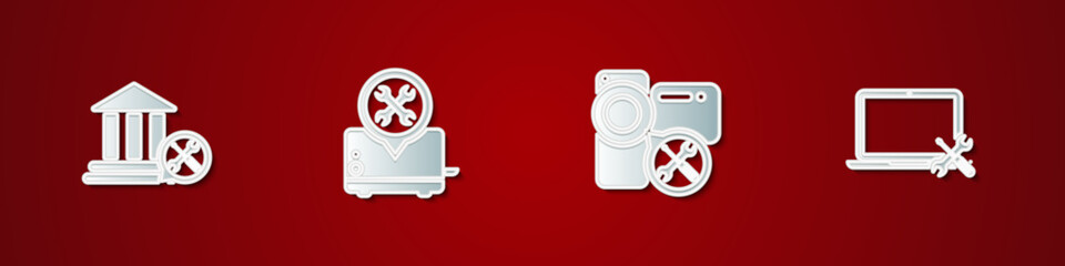 Poster - set bank building service, toaster, video camera and laptop icon. vector
