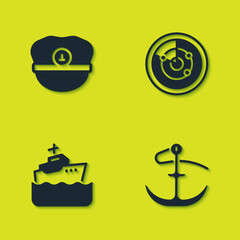 Canvas Print - Set Captain hat, Anchor, Cruise ship and Radar with targets icon. Vector