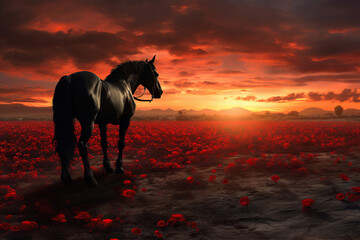 A black horse is parked in a field of red rose flower, on which .