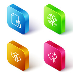 Poster - set isometric line document and lock, safe, cloud computing and marked key icon. vector