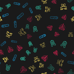 Poster - Set line Bottle with potion, Medieval helmet, Body armor and Magic arrow on seamless pattern. Vector