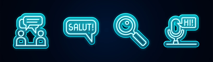 Wall Mural - Set line Two sitting men talking, Salut different languages, Magnifying glass and Microphone voice device. Glowing neon icon. Vector