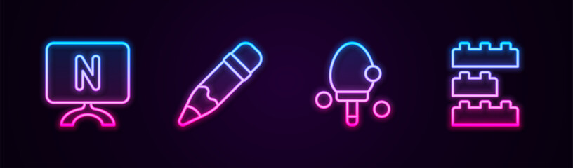 Poster - Set line Smart Tv, Pencil with eraser, Racket and Toy building block bricks. Glowing neon icon. Vector