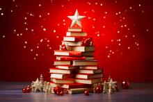 A Christmas Tree Made Of Books In Colorful Fabric Covers. Christmas And New Year, Education, Book Publishing, Reading, Vintage Style.