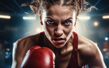 Poster - Professional female boxer in a heavy fight game take extreme punch in face sport action close-up photo. Generative AI