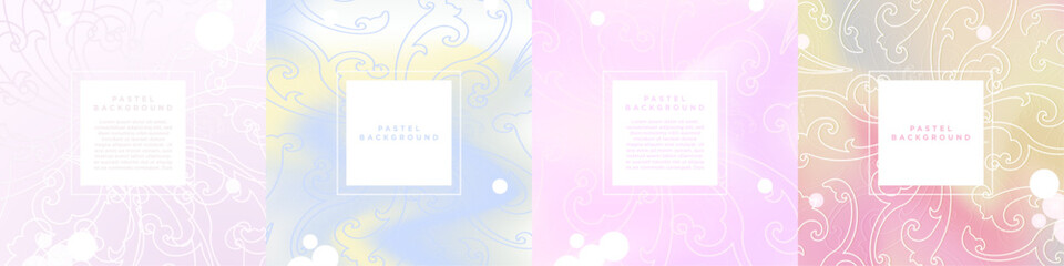 Poster - Set of Pastel Gradient Templates with white geometric space for text in center, white florid designs and glittering stars. Vector Template. Perfect for cards, invite, designs, feeds, social media post