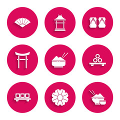 Poster - Set Rice in a bowl with chopstick, Flower, Sushi on cutting board, Japan Gate, Geta traditional Japanese shoes and Paper chinese or japanese folding fan icon. Vector